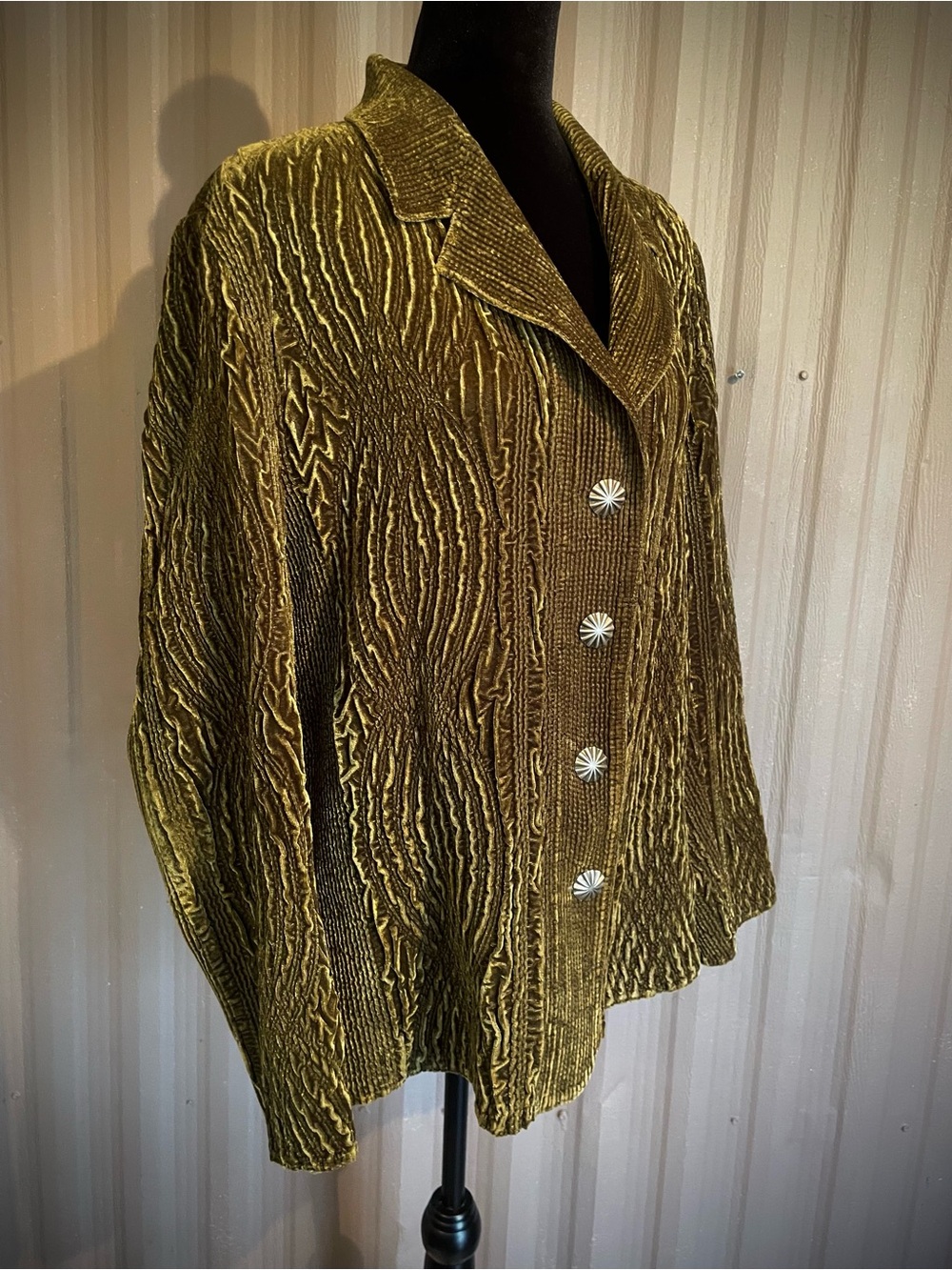VTG Rhonda Stark Jacket Blazer Southwestern Shacket Olive Crinkle Velvet L